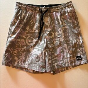 Quiksilver Mens Board Shorts L Gray Abstract Swim Trunks Surf Beach Elastics